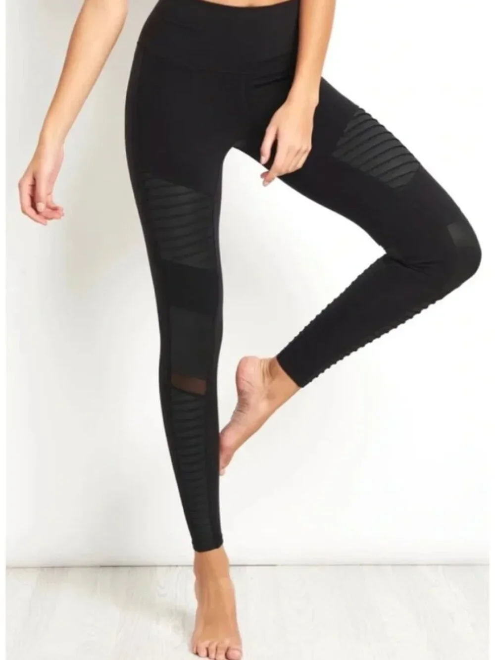 Alo Yoga Moto Leggings Ribbed Mesh High Waisted Stretch Pants Black Size Small